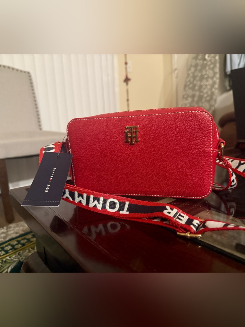 Tommy Hilfiger Red Pebble Leather Crossbody with Branded Strap
